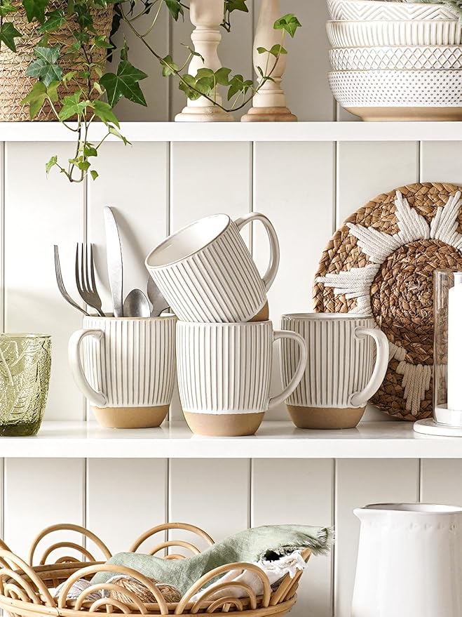 LE TAUCI Coffee Mugs 16 oz,Ceramic Mug Set, Embossment Cups for Latte, Hot Tea, Cappuccino, Mocha, Cocoa,Suit For Housewarming Wedding- 3.8 inch, Set of 6, Arctic White