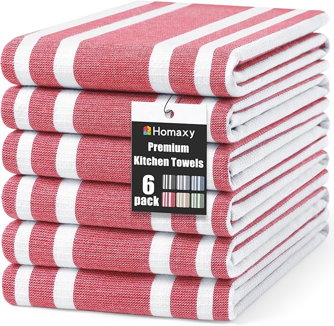 Homaxy Premium Kitchen Towels 18”x 28”, Large Cotton 380 GSM Kitchen Hand Towels, Stripe and Terry Dish Towel, Highly Absorbent Tea Towel Set with Hanging Loop, 6 Pack, Red