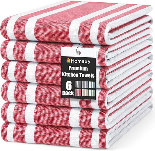 Homaxy Premium Kitchen Towels 18”x 28”, Large Cotton 380 GSM Kitchen Hand Towels, Stripe and Terry Dish Towel, Highly Absorbent Tea Towel Set with Hanging Loop, 6 Pack, Red