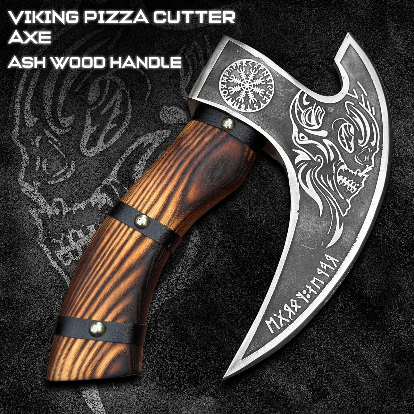 Viking Style Pizza Cutter Handmade Ulu Rocker Knife with Engraved Blade Durable Wooden Handle with Leather Grip Includes Leather Sheath