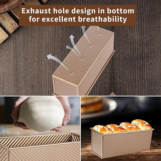 Pullman Loaf Pan with Lid, Pullman Loaf Pan 2.2 LB/1 LB, 2 Pack Nonstick Sandwich Bread Pan, for Bread, Sandwiches, and Toast, Golden, Deep Side and Corrugated