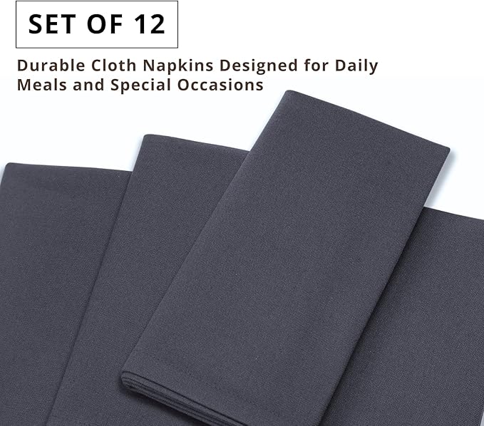 PurpleEssences Set of 12 Cloth Dinner Napkins 100% Cotton 18x18 Inch - Soft Durable Washable - Ideal for Farmhouse Party Christmas Holiday Winter - Perfect Everyday Use Table Linen - Dark Gray