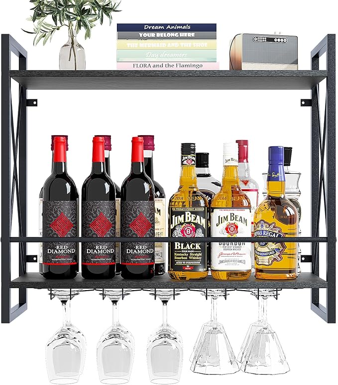 Dokser Wine Rack Wall Mounted 2 Tier Shelf, Wall Wine Rack with Rustic Wood & Industrial Iron Frame, Wine Bottle Holder for Kitchen, Dining Room, Home Bar Decor (Black)