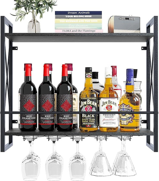 Dokser Wine Rack Wall Mounted 2 Tier Shelf, Wall Wine Rack with Rustic Wood & Industrial Iron Frame, Wine Bottle Holder for Kitchen, Dining Room, Home Bar Decor (Black)