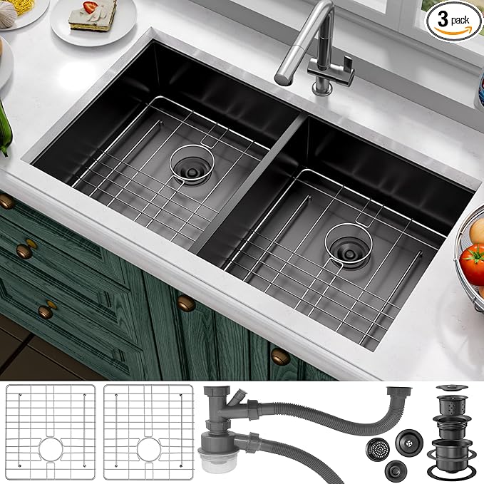 33 Inch Undermount Kitchen Sink Stainless Steel, 33x19 Double Bowl Kitchen Sinks 50/50 Commercial 16 Gauge 304 Stainless Steel Sink,Black