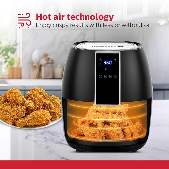 Holstein Housewares 3.7QT Digital Air Fryer. Hot Air Technology & PFOA Free Non Stick Coating for Less Oil Use with Led Display. 7 preset options, Air Fry, Bake, Grill, Dehydrate & roast. Black
