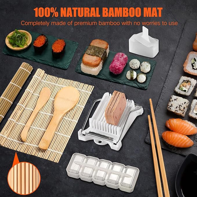 Sushi Making Kit & Musubi Maker Kit - for Beginners & Pros with Sushi Roller Bazooka, 2 Bamboo Mats, 2 Musubi Press Molds and Spam Slicer