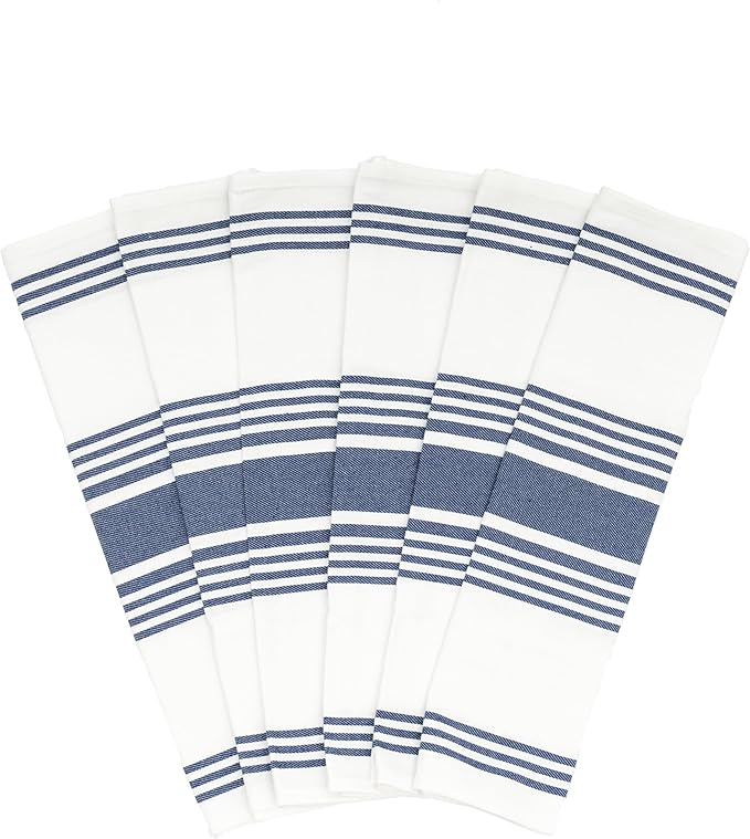Blue White Kitchen Towels - 6 Pack, 100% Cotton, 30"x20", Absorbent, Durable, Lint-Free Indigo Blue Stripes Cotton Tea Towels with Hanging Loop - Washable and Quick-Dry Dish Cloths (6 Pack)