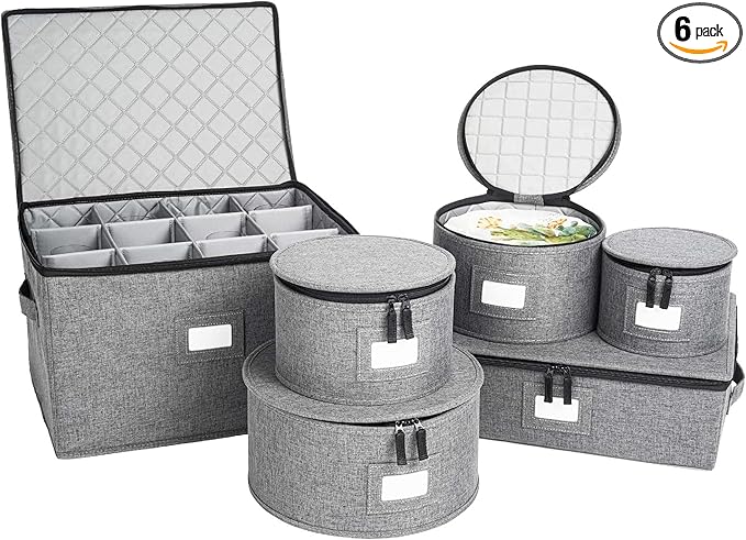 storageLAB China Storage Containers, Hard Shell Case with Felt Dividers for Charger Plates, and Dishes, Ideal for Kitchen Organization, Moving Supplies, and Fine China Storage - 6-Piece Set, Gray