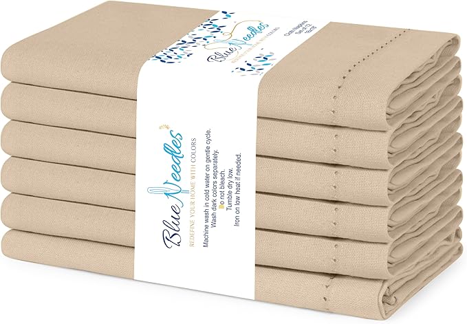 Blue Needles Set of 6 Hemstitch Linen Napkins 100% Cotton Beige Cloth Dinner Napkins 18x18 inches, Soft, Reusable, Absorbent, Washable, Ideal for Fall Thanksgiving Events, Parties & Everyday Use