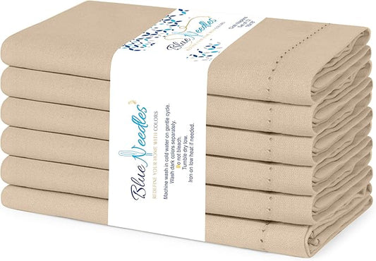 Blue Needles Set of 6 Hemstitch Linen Napkins 100% Cotton Beige Cloth Dinner Napkins 18x18 inches, Soft, Reusable, Absorbent, Washable, Ideal for Fall Thanksgiving Events, Parties & Everyday Use