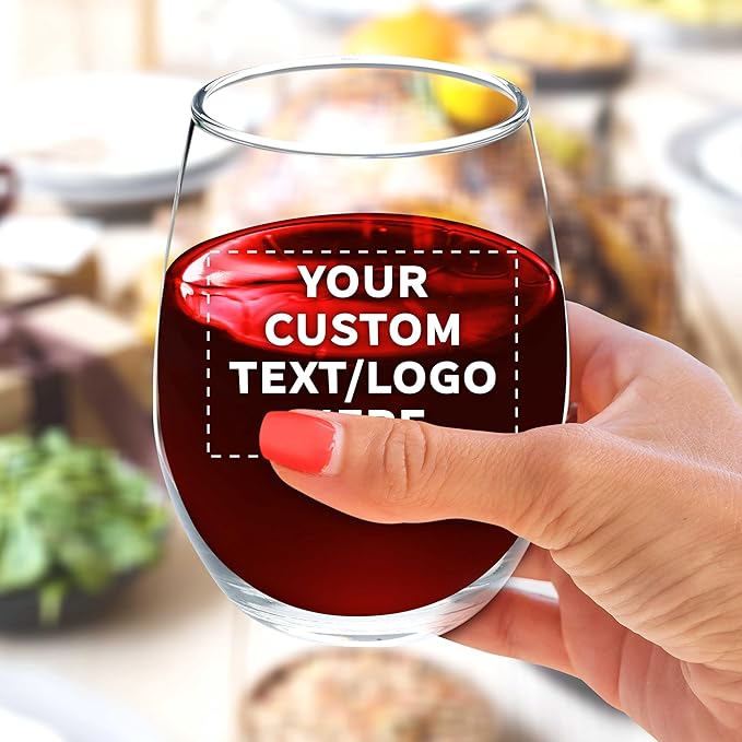 Custom Stemless Wine Glass 9 oz. Set of 10, Personalized Bulk Pack - Great for Wedding Favors, Bachelorette Party Decorations, Party Favors, Color Bottom - Clear