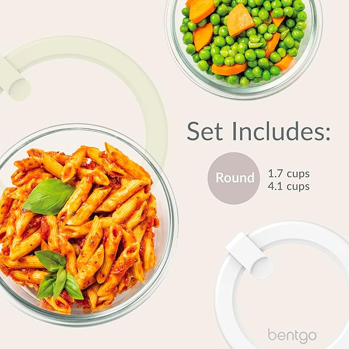 Bentgo Signature Leak-Proof Glass Food Storage - 4-Piece Set, 1-Compartment Plastic-Free Containers with Airtight Glass Lids, BPA-Free, Microwave, Freezer, Oven & Dishwasher Safe (White Stone)