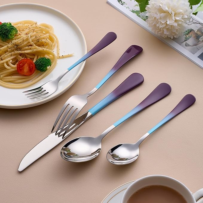 20-Piece Blue and Purple Silverware Set for 4, 18/0 Stainless Steel Flatware Cutlery Utensils Set, Includes Dinner Knives, Forks, Spoons, Salad Forks, Teaspoons, Dishwasher Safe