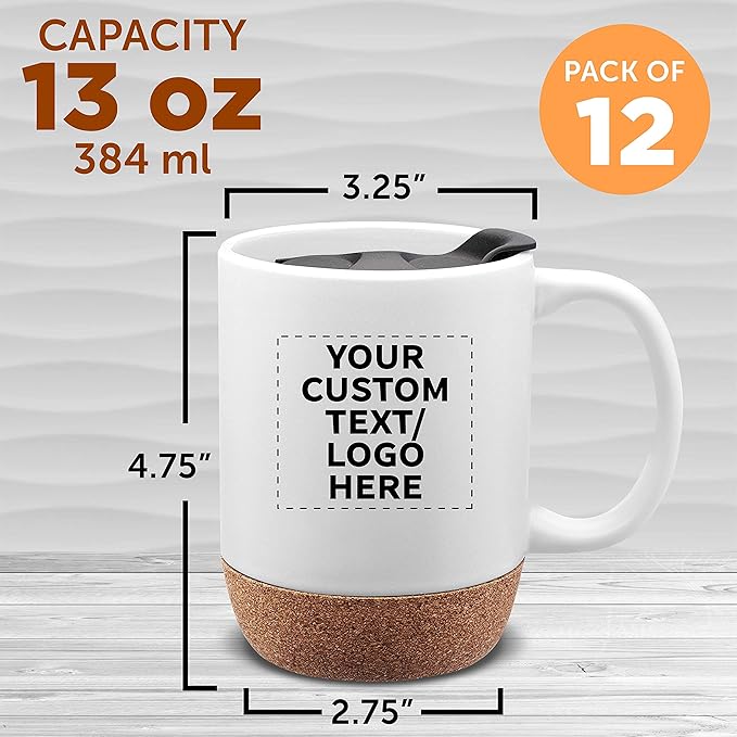 Custom Barista Ceramic Mugs with Cork Bottom 13 oz. Set of 12, Personalized Bulk Pack - Perfect for Coffee, Tea, Espresso, Hot Cocoa, Other Beverages - White