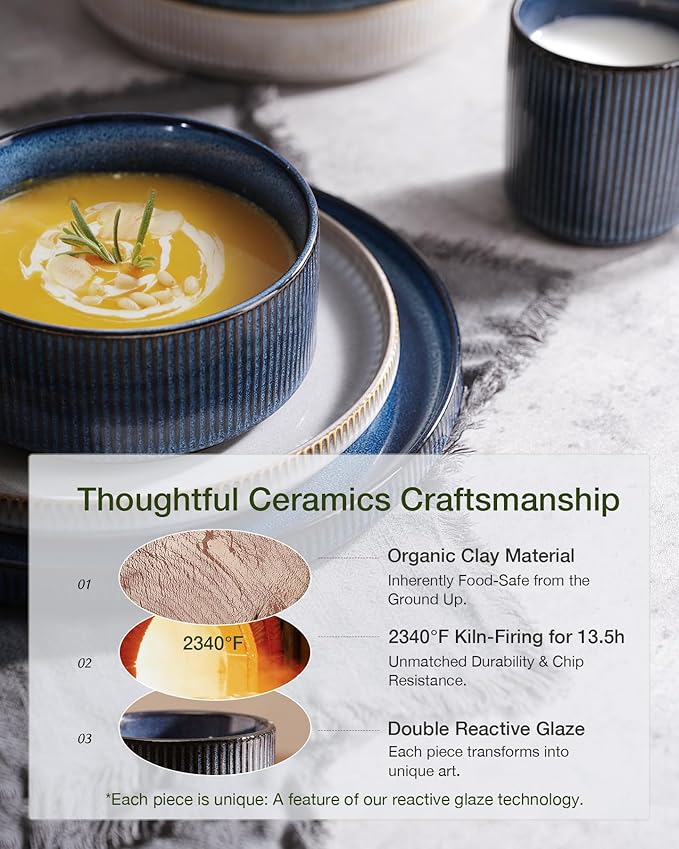 Famiware Star Dinnerware Set, Plates and Bowls Sets for 4 (12pcs), Ribbed Stoneware Dishes - Chip & Scratch Resistant, Microwave & Dishwasher Safe, Multicolor - Cappuccino White & Nebulas Blue