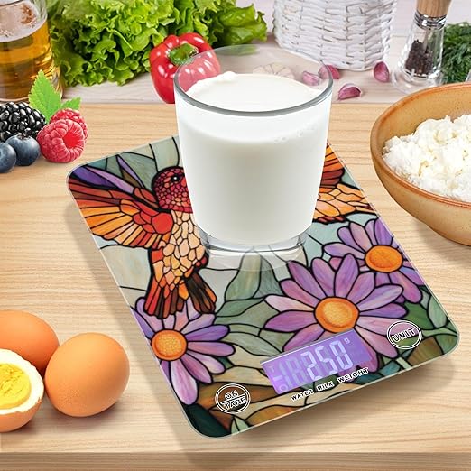 Brown Hummingbirds Purple Daisy Stained Glass Food Scale Kitchen Digital Scale Food Ounces and Grams Dieting Baking Cooking Waterproof Glass Panels LCD Display,4 Units Tare Function