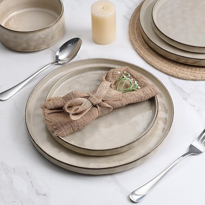 LIANYU Stoneware Dinnerware Set, 6 Piece Plates and Bowls Sets for 2, Ceramic Dish Set Includes Dinner Salad Plates, Cereal Bowls, Microwave & Dishwasher Safe, Sandy Beige