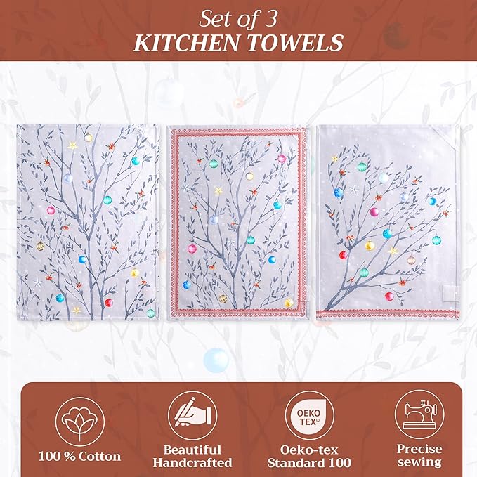 Maison d' Hermine Kitchen Towels Set of 3 100% Cotton 20" x 27.5" Reusable Cloth Tea Dish Towels Absorbent with Hanging Loop for Kitchen Dining Thanksgiving Christmas Decorations (Fairy Christmas)