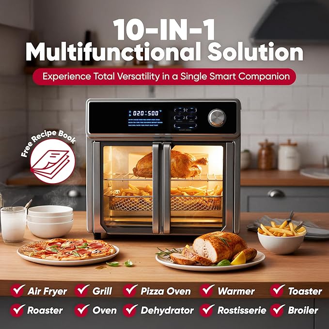26-Quart Large Air Fryer Oven |10-in-1 Countertop Stainless Steel Toaster Oven Combo | Non Toxic Family Size Air Fryer - Frying, Baking, Toasting, Dehydrating, Rotisserie | 1700W 360° Heating