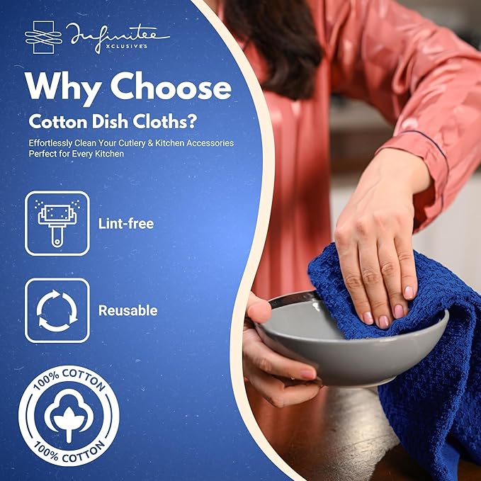 Infinitee Xclusives Premium Dish Cloth 100% Cotton 12 x 12 Inches |Pack of 4| - Ultra Soft Tea Towels - Highly Absorbent Kitchen Rags - Terry Dishcloth for Kitchen and Household Cleaning |Mighty Blue|
