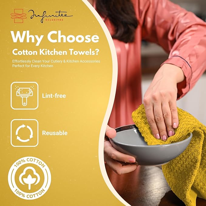 Infinitee Xclusives Premium Kitchen Towels – Pack of 3, 100% Cotton |15 x 25| Inches Absorbent Dish Towels - Terry Kitchen Dishcloth Towels - Yellow Dish Cloth for Household Cleaning