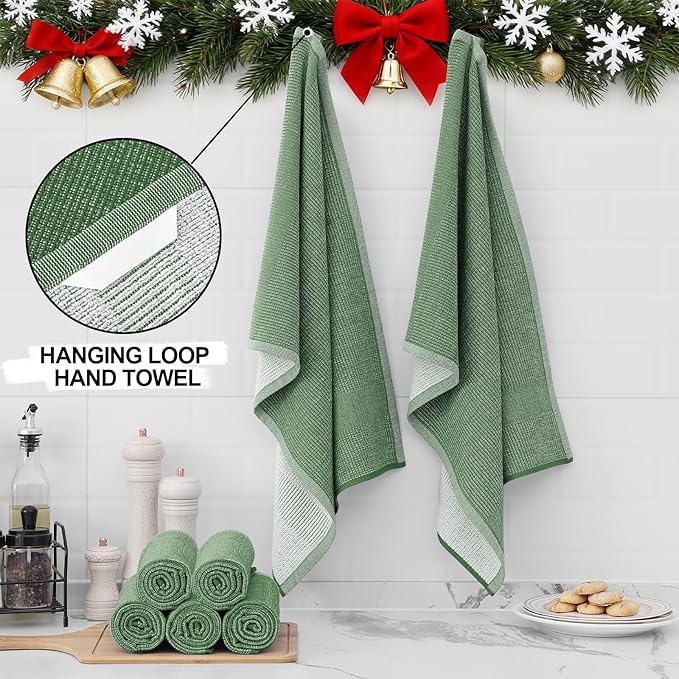 Homaxy Premium Kitchen Towels(18”x 28”, 8 Pack), Large Cotton Kitchen Hand Towels, Flat and Terry Dish Towels, 380 GSM Highly Absorbent Tea Towel Set with Hanging Loop, Grass Green