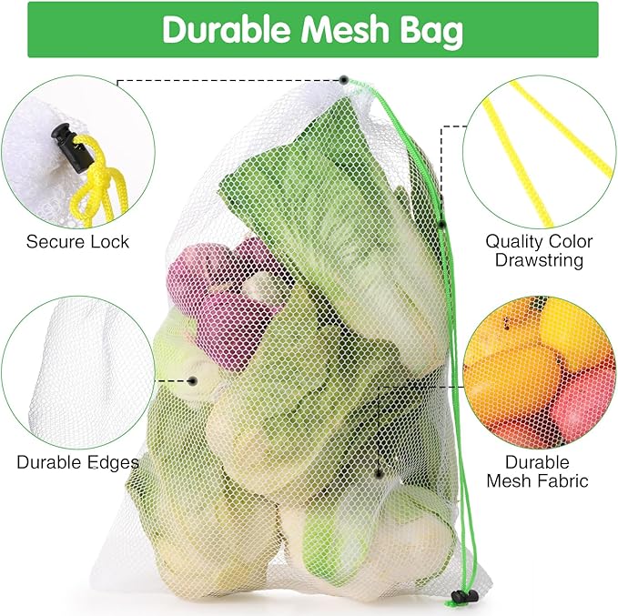 Frienda 20 Pcs Mesh Bags for Toys Storage 3 Sizes Reusable Produce Bags with Drawstring for Beach Bath Pool Toy Organizer, Fruits Vegetable Grocery Playroom Storage(Green, Yellow, Rose Red)