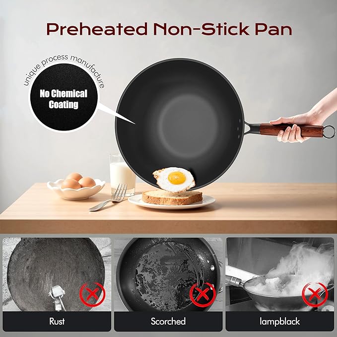 Carbon Steel Wok 13-Inch Wok Pan with Glass Cover Silicone Spatula, Non-Stick Surface Woks & Stir-Fry Pans Pre-Seasoned Chinese Wok Pan for Induction, Electric, Gas Stoves Cooking