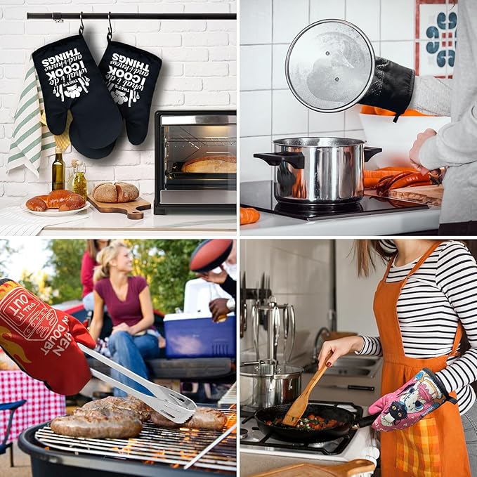 Funny Black Women Men Cooking and Baking BBQ Kitchen Gadgets with Heat Resistant Silicone Non-Slip, That's What I Do I Bake and I Know Things Oven Mitts Set of 2, Gifts for Bake Lover Mom Dad BBF