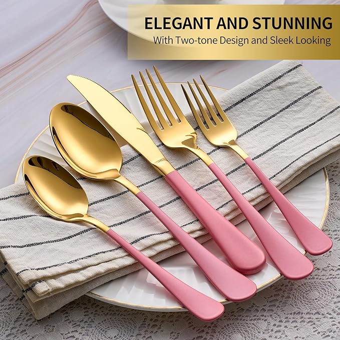 20-Piece Gold Silverware Set, 18/0 Stainless Steel Pink Handle Flatware Set, Service for 4, Modern Cutlery Set Includes Dinner Knives Forks Spoons, Mirror Polished, Dishwasher Safe