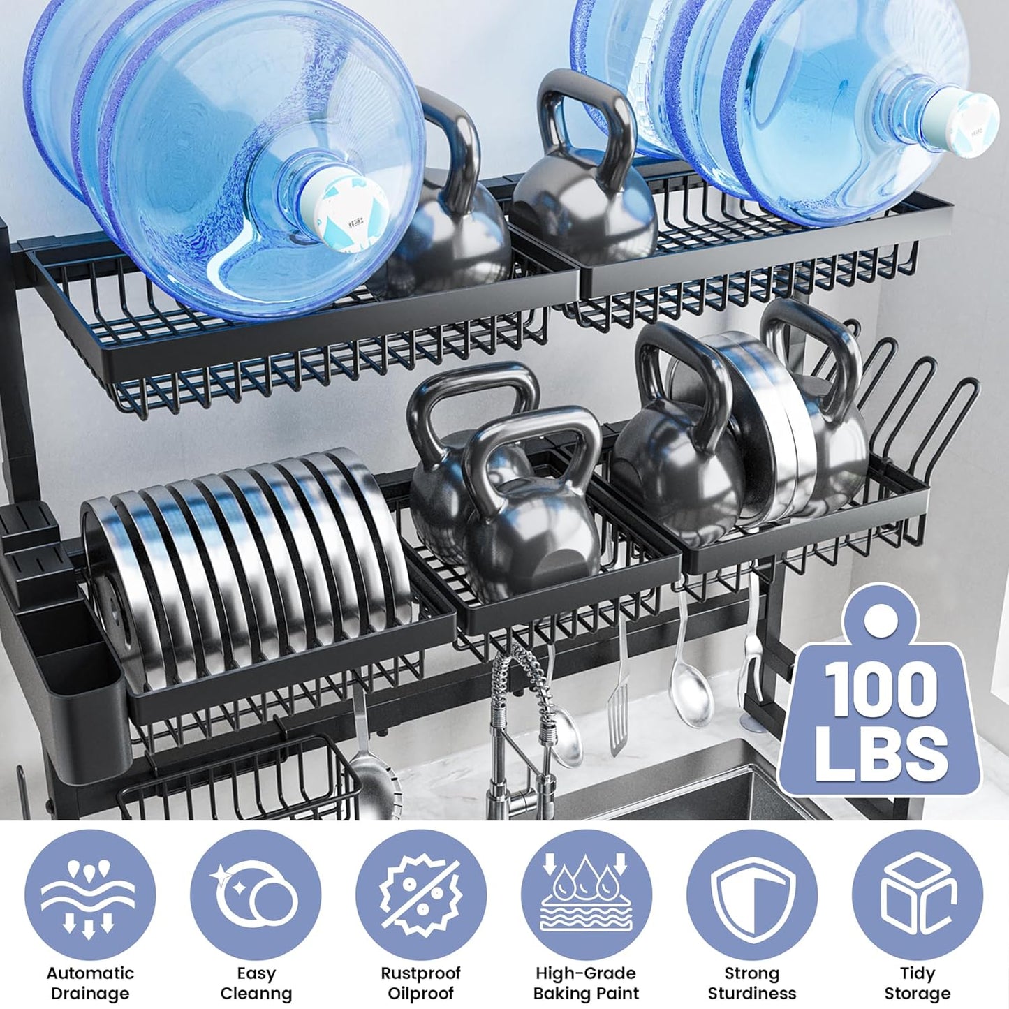 ADBIU Over The Sink Dish Drying Rack (Expandable Height and Length) Snap-On Design 2 Tier Large Dish Rack 31-39.4L x 12W x 34-38H inches
