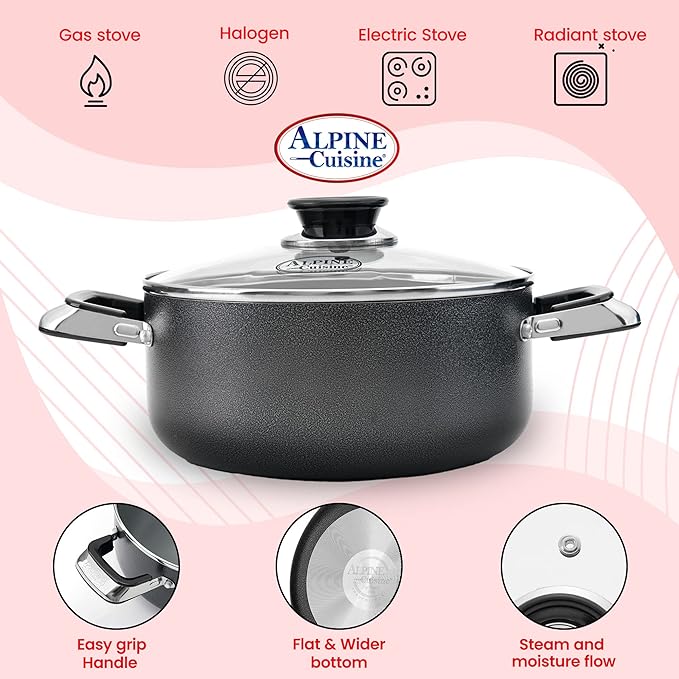 Alpine Cuisine 8.5 Quart Non-stick Stock Pot with Tempered Glass Lid and Carrying Handles, Multi-Purpose Cookware Aluminum Dutch Oven for Braising, Boiling, Stewing
