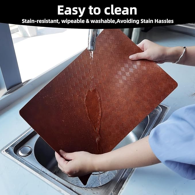 Vinyl Placemats Set of 6-12×17.7 Inch Waterproof & Heattable Placemats, Fall Faux Leather Wipeable Outdoor Table Mat for Dining, Kitchen, Indoor Outdoor Use (Caramel brown, Diamond pattern)