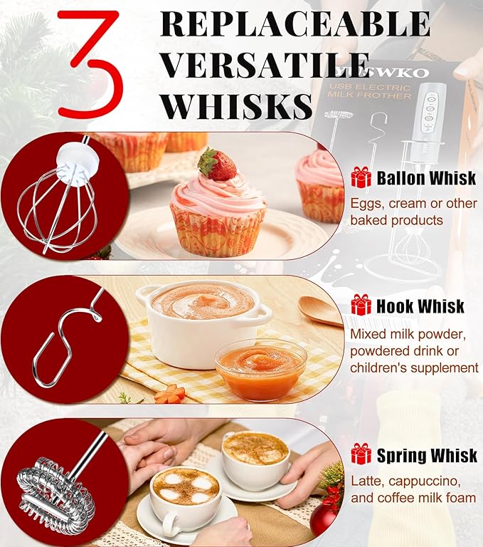 YUSWKO Rechargeable Milk Frother for Coffee, Handheld Drink Mixer with 3 Heads 3 Speeds, Ideal Electric Stirrers for Travel