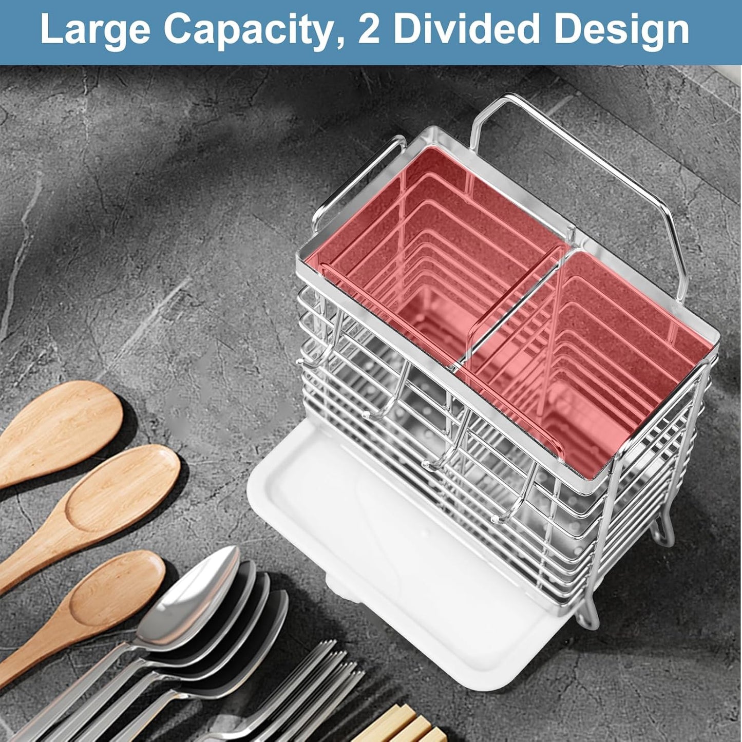 Utensil Holder, Stainless Steel Utensil Drying Rack with Drain Tray, Kitchen Counter Drainer Basket Silverware Cutlery Flatware Holder Forks, Knives, Spoons, Chopsticks Organizer (Silver)