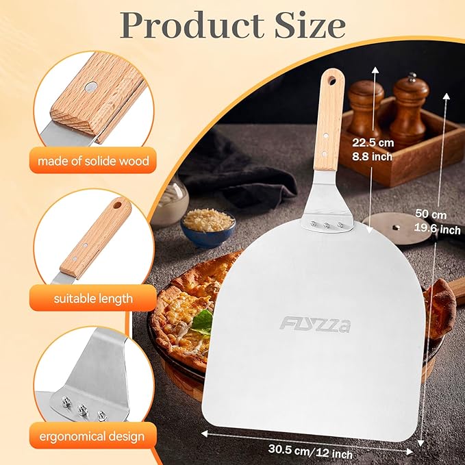 12 Inch Square Pizza Peel, Stainless Steel Pizza Spatula with Ergonomic Long Wood Handle for Pizza Oven Baking, Turing Peel for Pizza, Dough, Bread Pastry