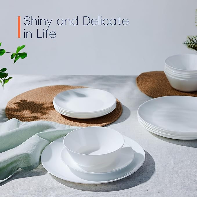 Dinnerware Sets for 6, LaGlint 18 Pieces Opal Glass Plates and Bowls Set, Dishwasher and Microwave Safe Dish Dinning Ware, Chip and Scratch Resistant Dishware White