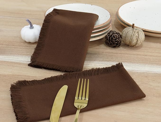 PurpleEssences Cloth Napkins with Fringes, 100% Cotton Christmas Holiday Winter Table Decor, Set of 6 18x18 Inch Reusable Dinner Napkins for Parties and Weddings - Brown
