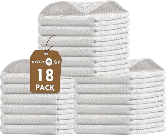 Native Fab Waffle 18 Pack Dish Cloths - 100% Cotton, Absorbent, Quick Drying, Washable Towels for Cleaning, Cooking & Baking - Great for Home, Restaurants, Cafes, Bars, Everyday Use, 12"x12", White