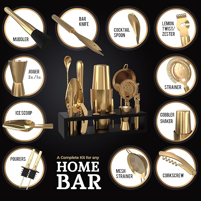 Highball & Chaser Bartender Kit with Black Bamboo Stand Beautiful Cocktail Shaker Set and Bar Tools Stainless Steel Boston Shaker Bartender Kit with Stand (Antique Gold)