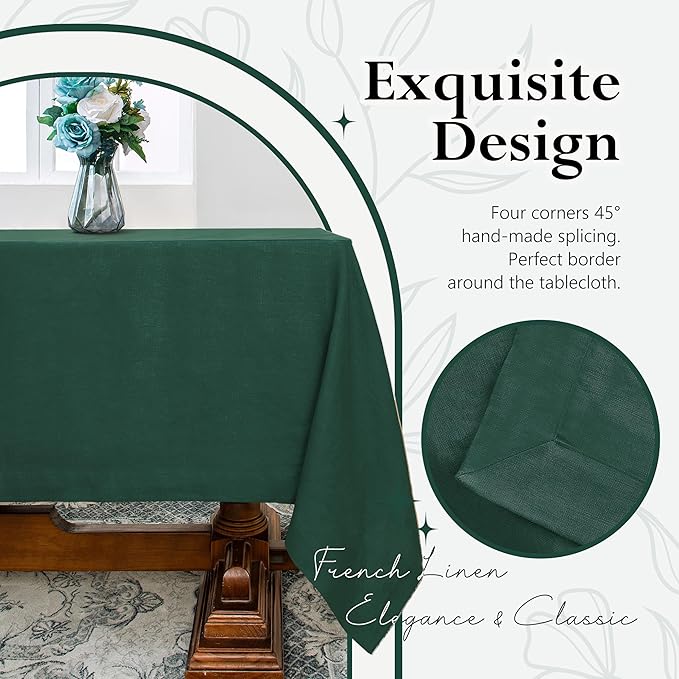 Linen World Linen Tablecloth, 100% French Linen Green Tablecloth 108" x 60" Inch, Washable Rectangular Tablecloth for Dining, Outdoor, Weddings and Restaurants, Decorative Valentine Easter