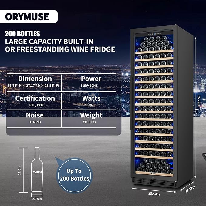 200 Bottle Upgrade Wine Cooler Refrigerator - 24 Inch Large Capacity Wine Fridge Built-In Freestanding, with Quiet Compressor, Professional Temperature Control & Wine Cellar - Black