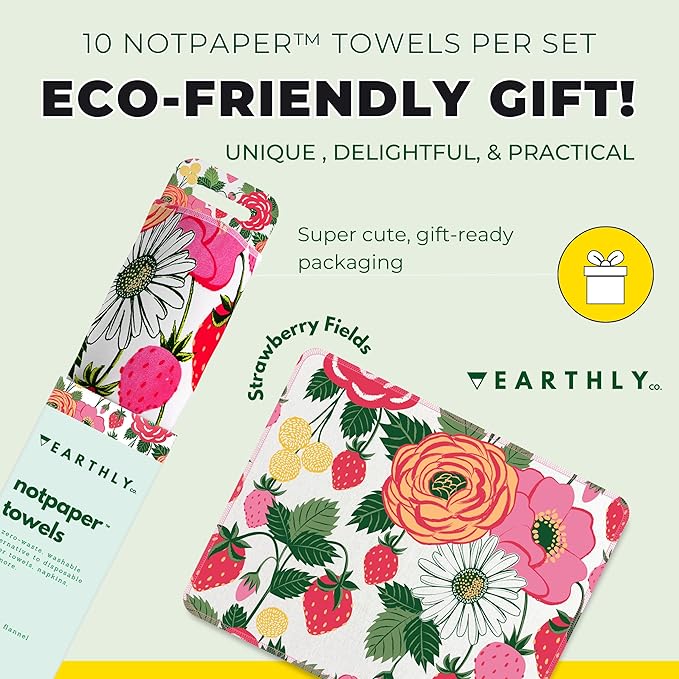 Reusable Paper Towels - 10 Pack - Roll of Washable Cotton Cloth Paper Towels - Paperless Reusable Napkins Cloth Washable - Absorbent + Long Lasting - Zero Waste Products - (Strawberry)