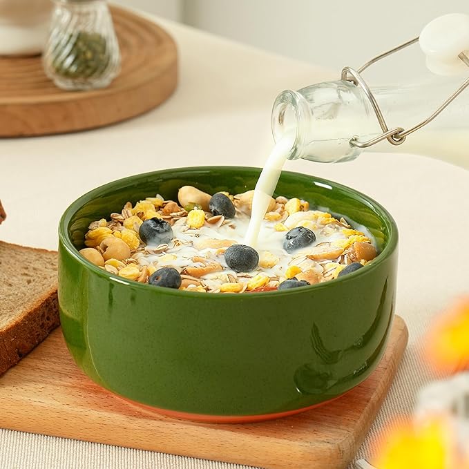 Stoneware Cereal Bowls Set of 4, 6 Inch Deep Bowl for Oatmeal, Soup, Ceramic Bowls Sets, Microwave Safe, Dishwasher Safe, Versatile for All Seasons, Forest Glaze Green