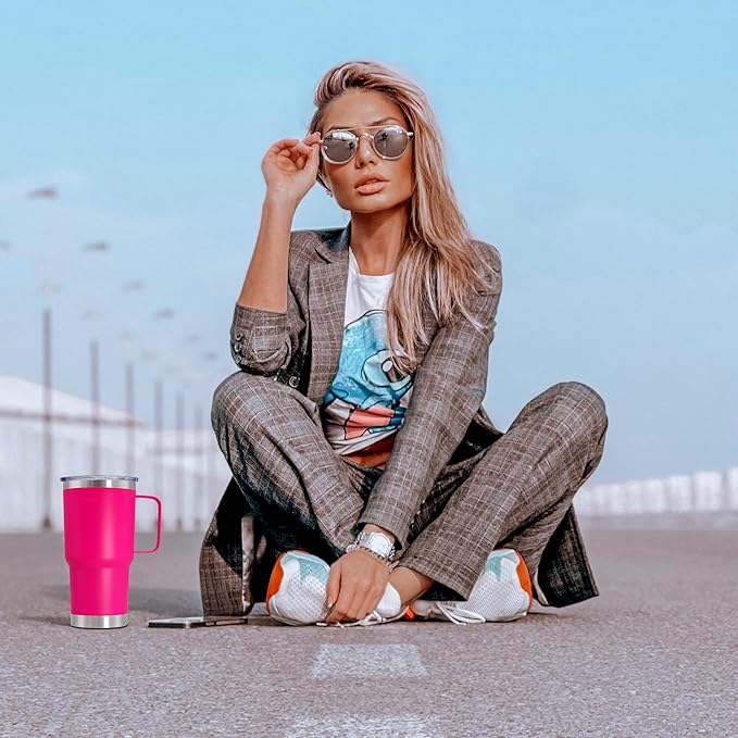 20 oz Tumbler with Handle and Lid, Stainless Steel Tumbler Insulated Travel Coffee Mug, Spill Proof Double Wall Vacuum Tumbler Cup Keep Drink Hot & Cold, Hot Pink, 12 Pack