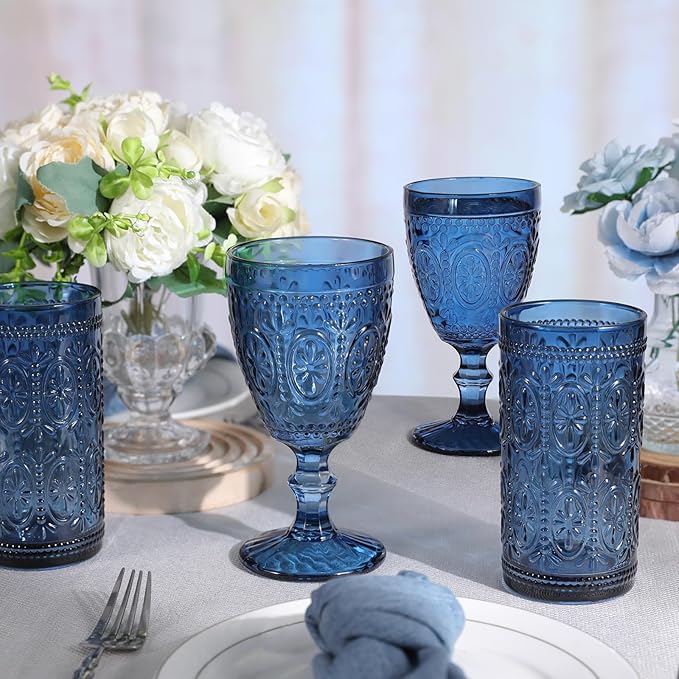 Blue Wine Glasses set of 4, Blue Goblets, Vintage Drinking Glassware, Colored Glassware Set for Party Home Wedding Baby Shower