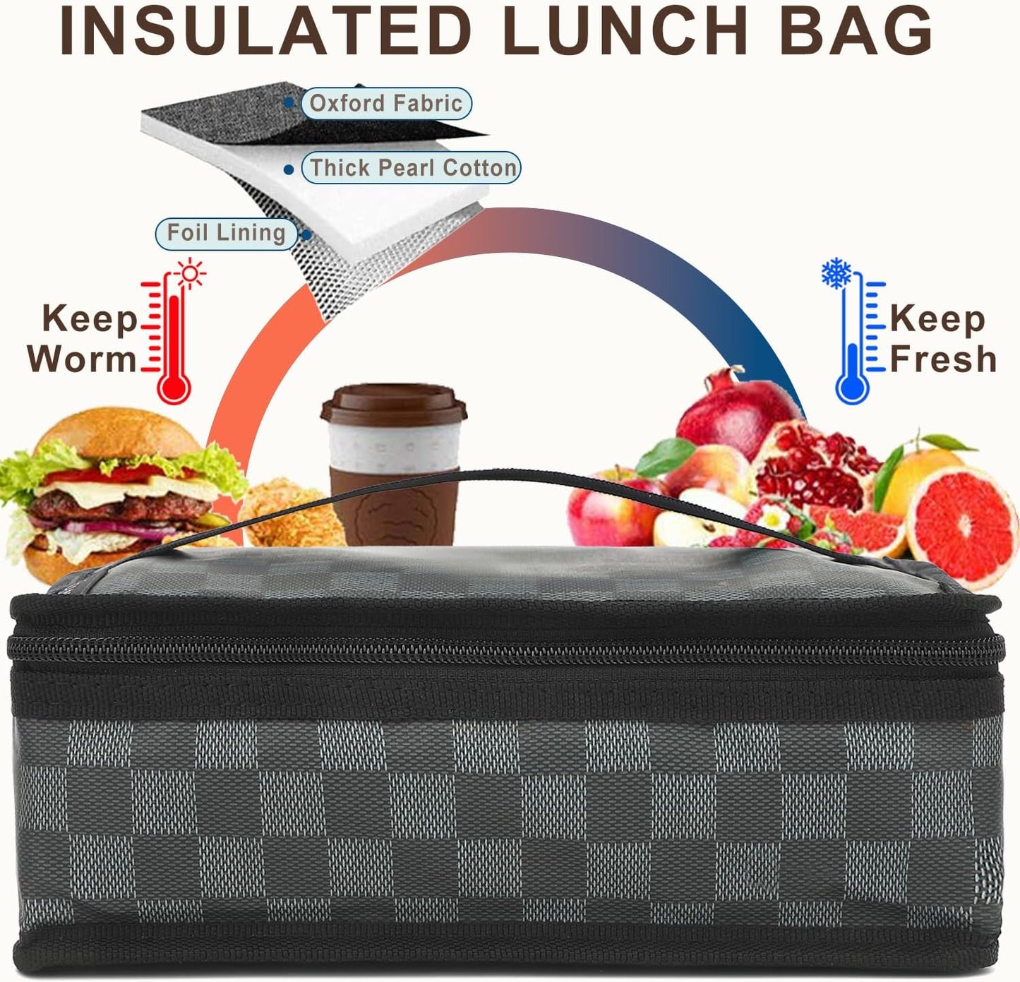 FlowFly Small Insulated Lunch box Portable Soft Bag Mini Cooler Thermal Meal Tote Kit with Handle for Work, Plaid