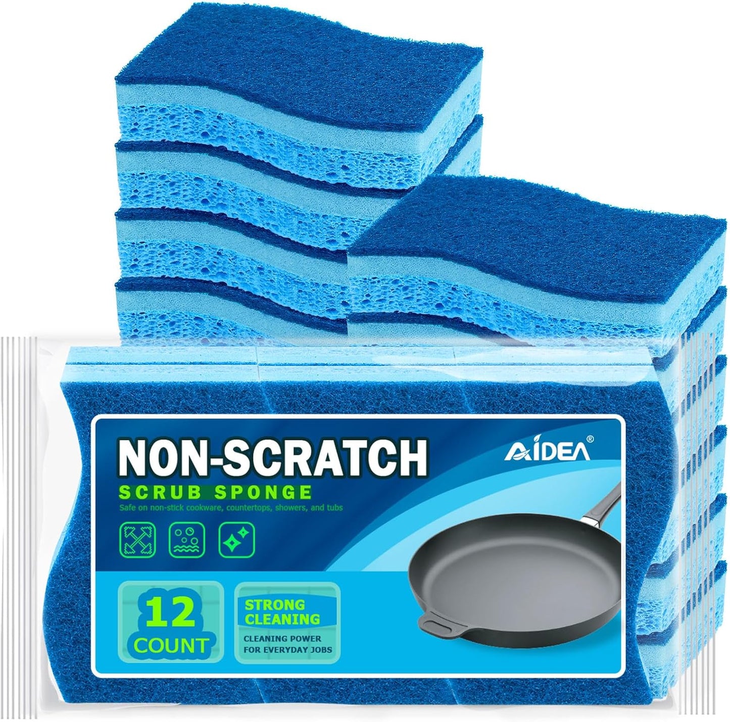 AIDEA Sponges Kitchen, Non-Scratch Scrub Sponge, 12Count, Sponges for Non-Stick Cookware, Kitchen Sponge for Dishes, Cleans Fast Without Scratching, Cleaning Power for Kitchen, Bathroom, Household