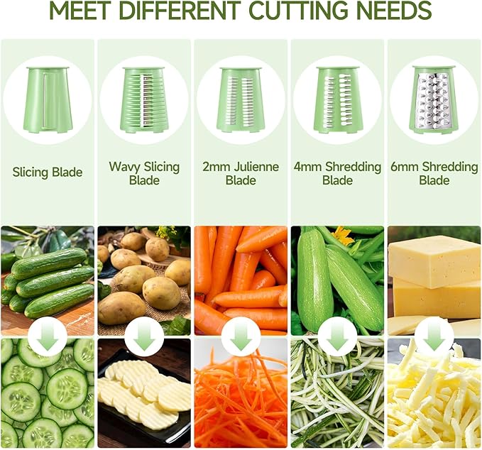 Xilrvna RotaryCheeseGrater,VegetableShredder 5 in 1 Cheese GraterwithHandleedderReinforcedSuction,EasytoClean,KitchenChopperforCrushedIce,Fruits and Nuts with Blade StorageCase（light green）